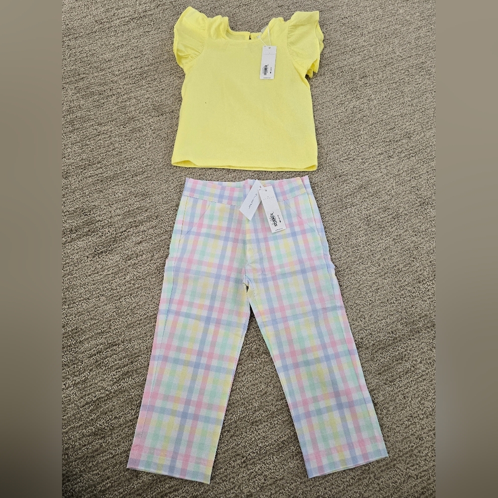 Janie and Jack Yellow Top and Pastel Plaid Pants